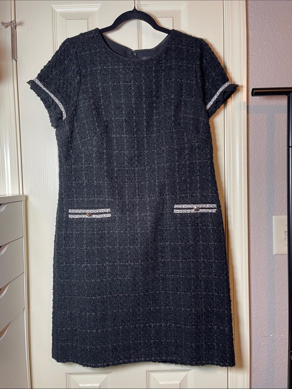 Ann Taylor Black Tweed Midi Dress with Silver Trim Accents
